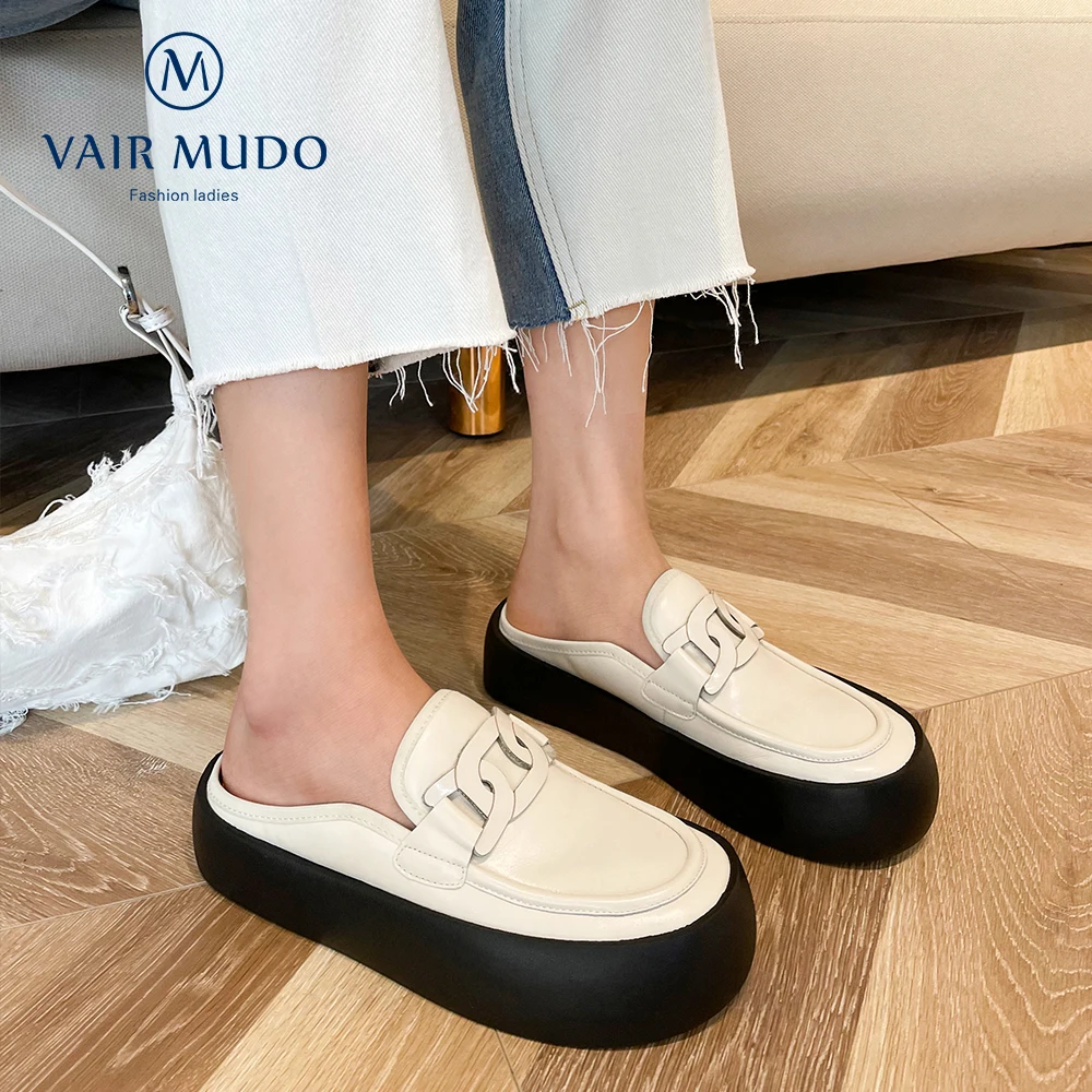 

VAIR MUDO Women Slides Shoes Waterproof Platform Thick Bottom Round Toe Genuine Leather Slipper Outside White Elegant LT11L