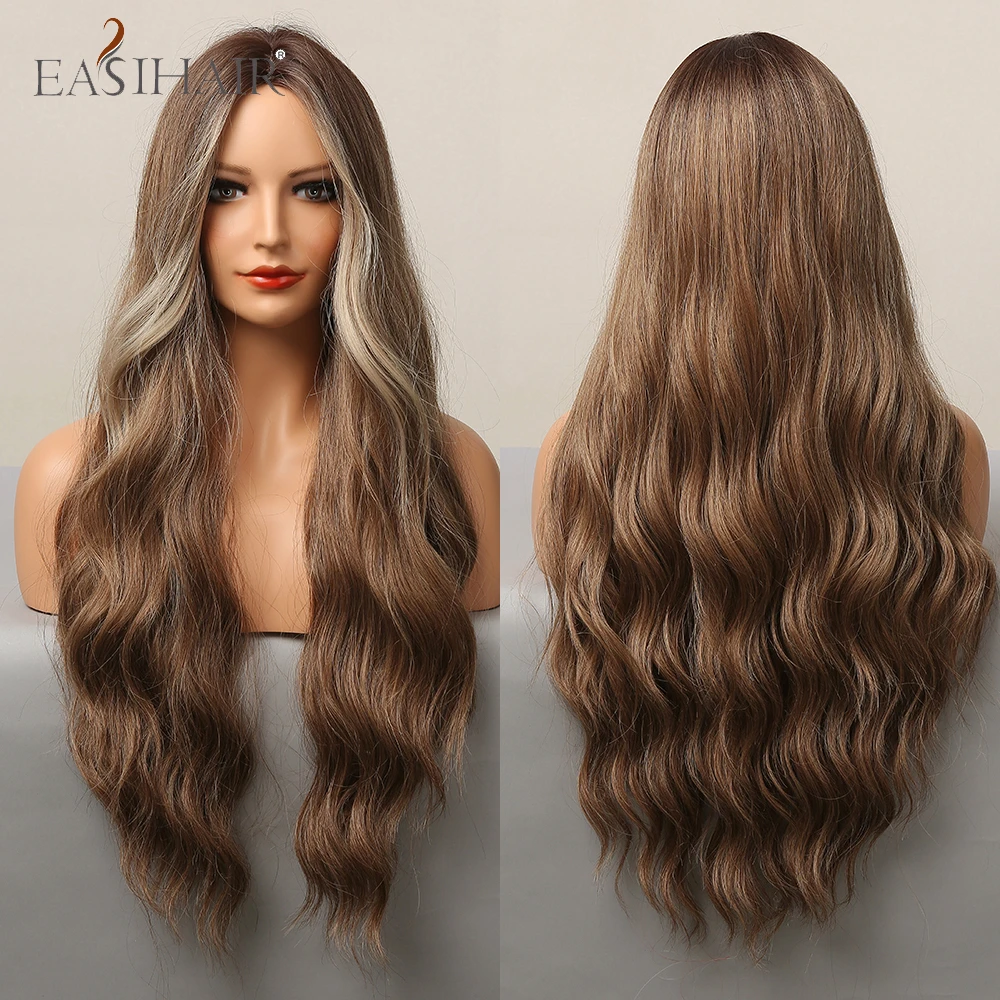 

EASIHAIR Long Mixed Brown Synthetic Body Wave Wigs with Blonde Highlights Middle Part Heat Resistant Hair Wigs for Black Women