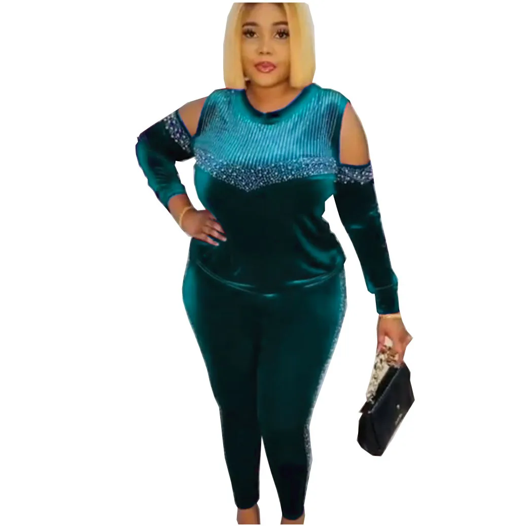 

Sweater Hooded round Neck off-the-Shoulder Rhinestone Beaded Fashion Slim Trousers Flannel Suit
