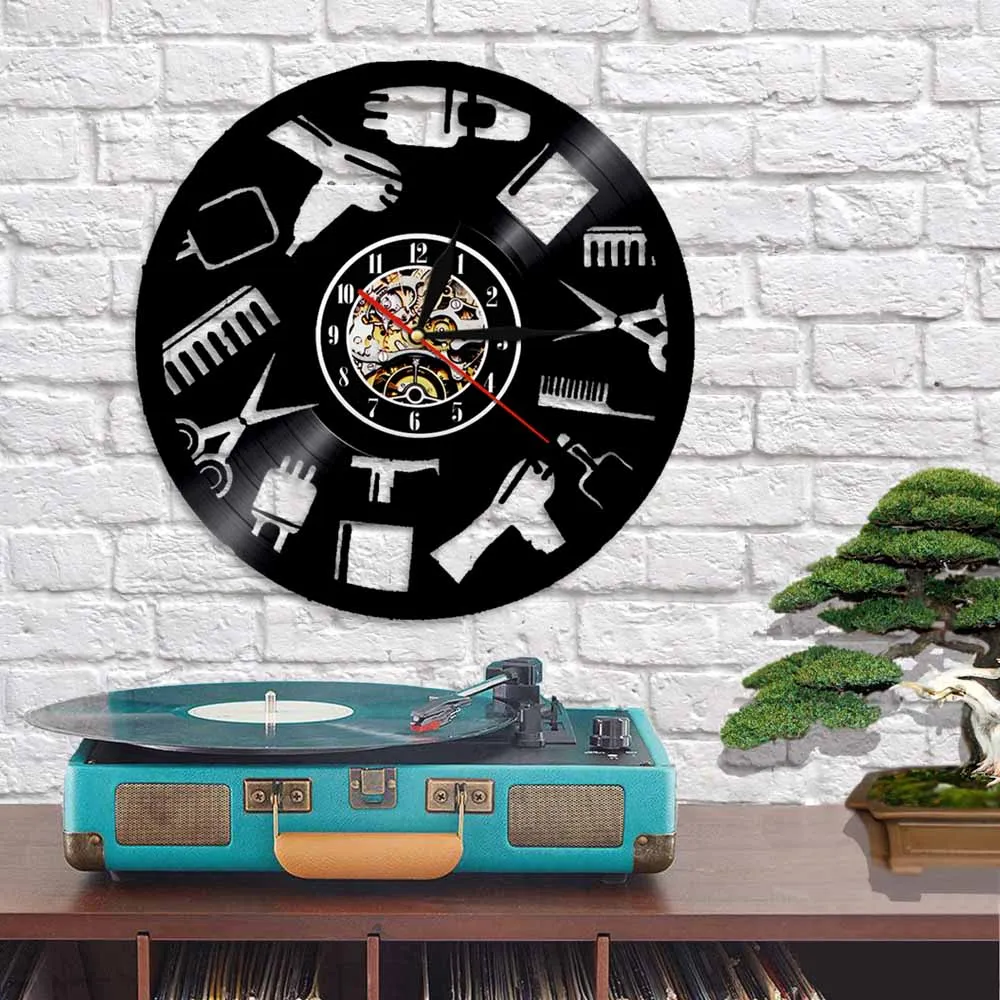 Настенные часы для парикмахерской с виниловой пластиной и логотипом