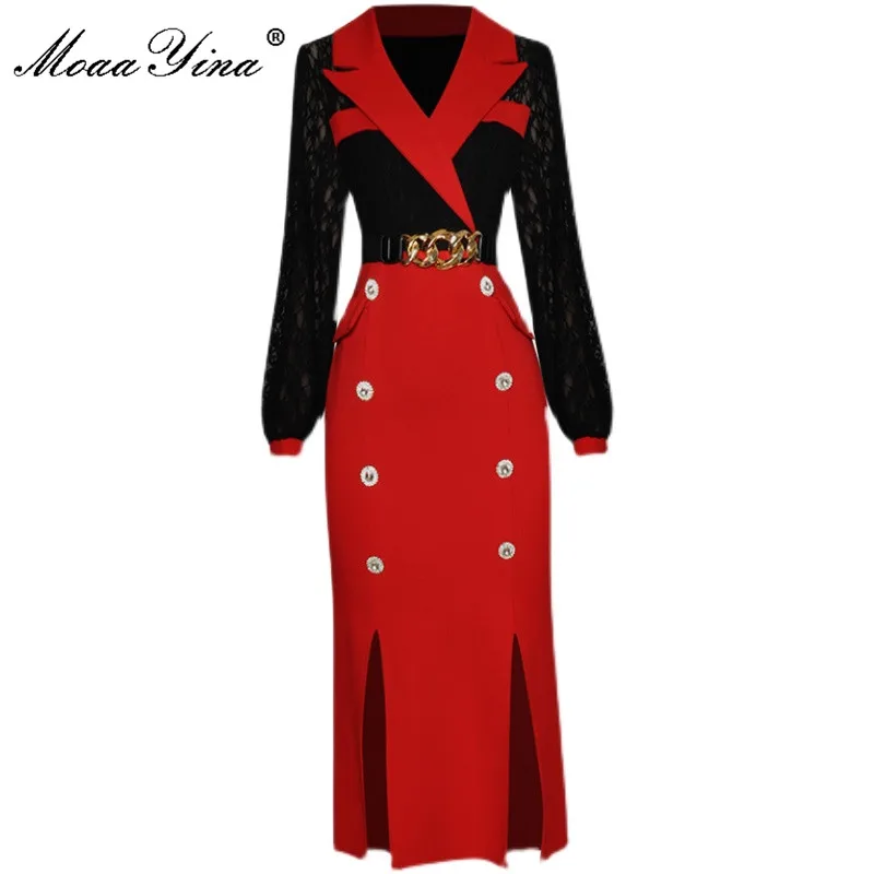 

MoaaYina Fashion Designer Autumn Pencil Dress Women Lace Long Sleeve Sashes Beading Double Breasted Slim Party Dress