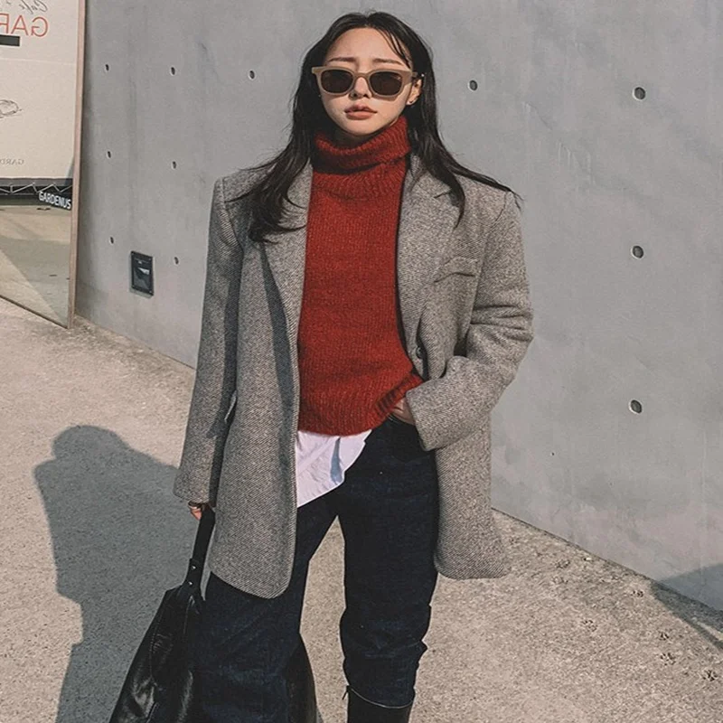 

TVVOVVIN Winter New Lapel Woolen Overcoat Women's Korean Slim Long Sleeve Single Breasted Mid-length Coat 30ZH