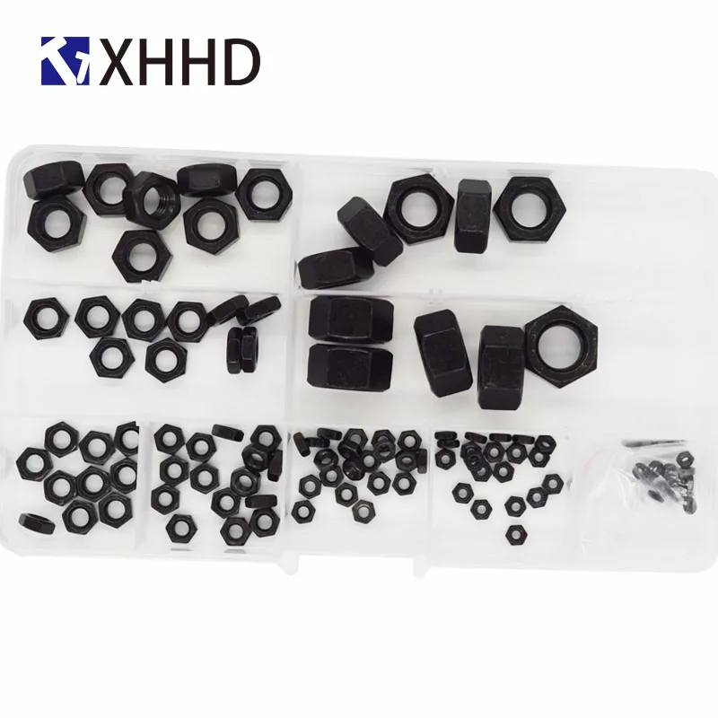 Черный кабон стали шестигранная гайка Ассортимент Комплект M2 M2.5 M3 M4 m5 m6 m8 m10 m12 |