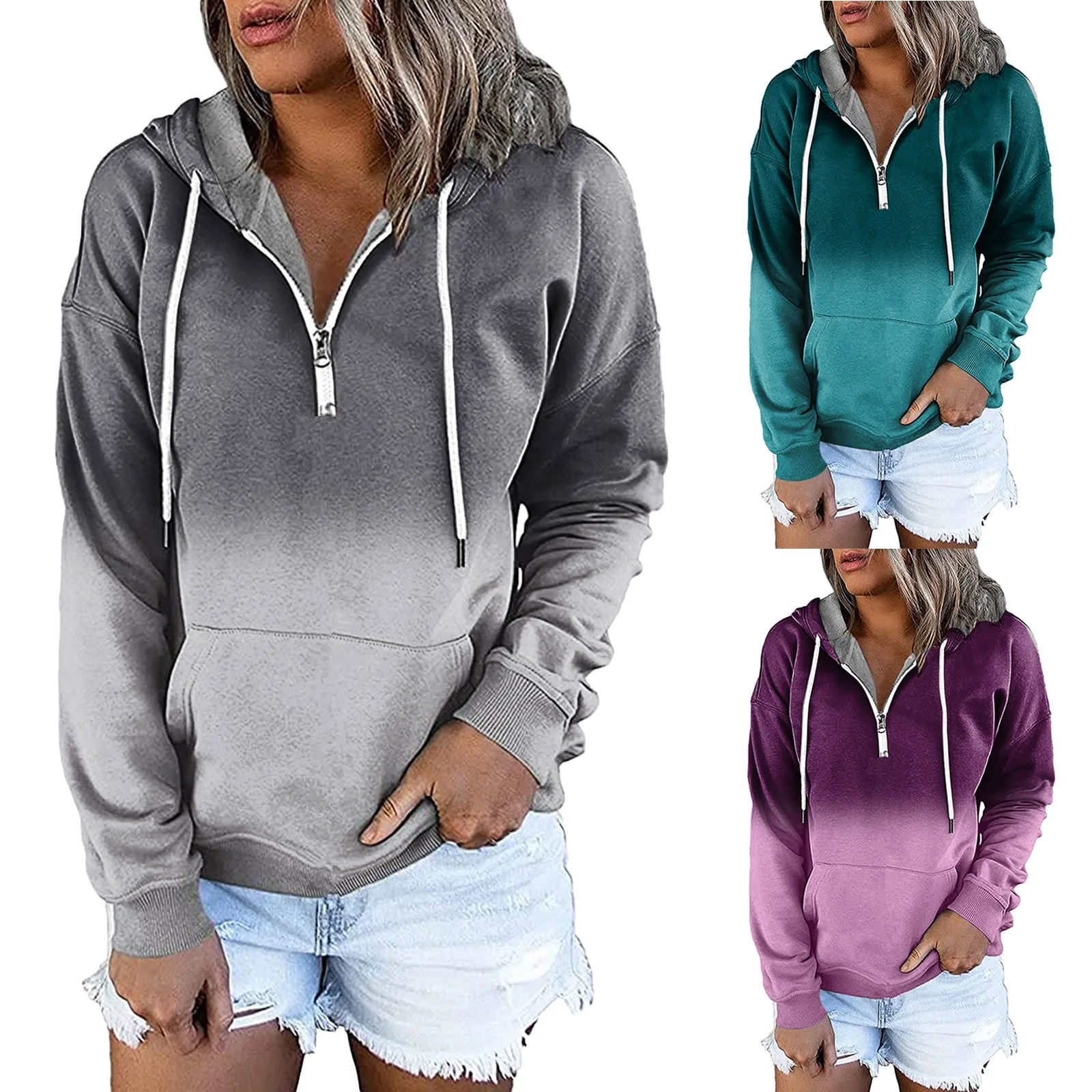 

Women's Gradient Prints Hoodies Harajuku Sweatshirts Female Jumper Long Sleeve Zipper Pullover Clothes With Pocket Hoodies NEW