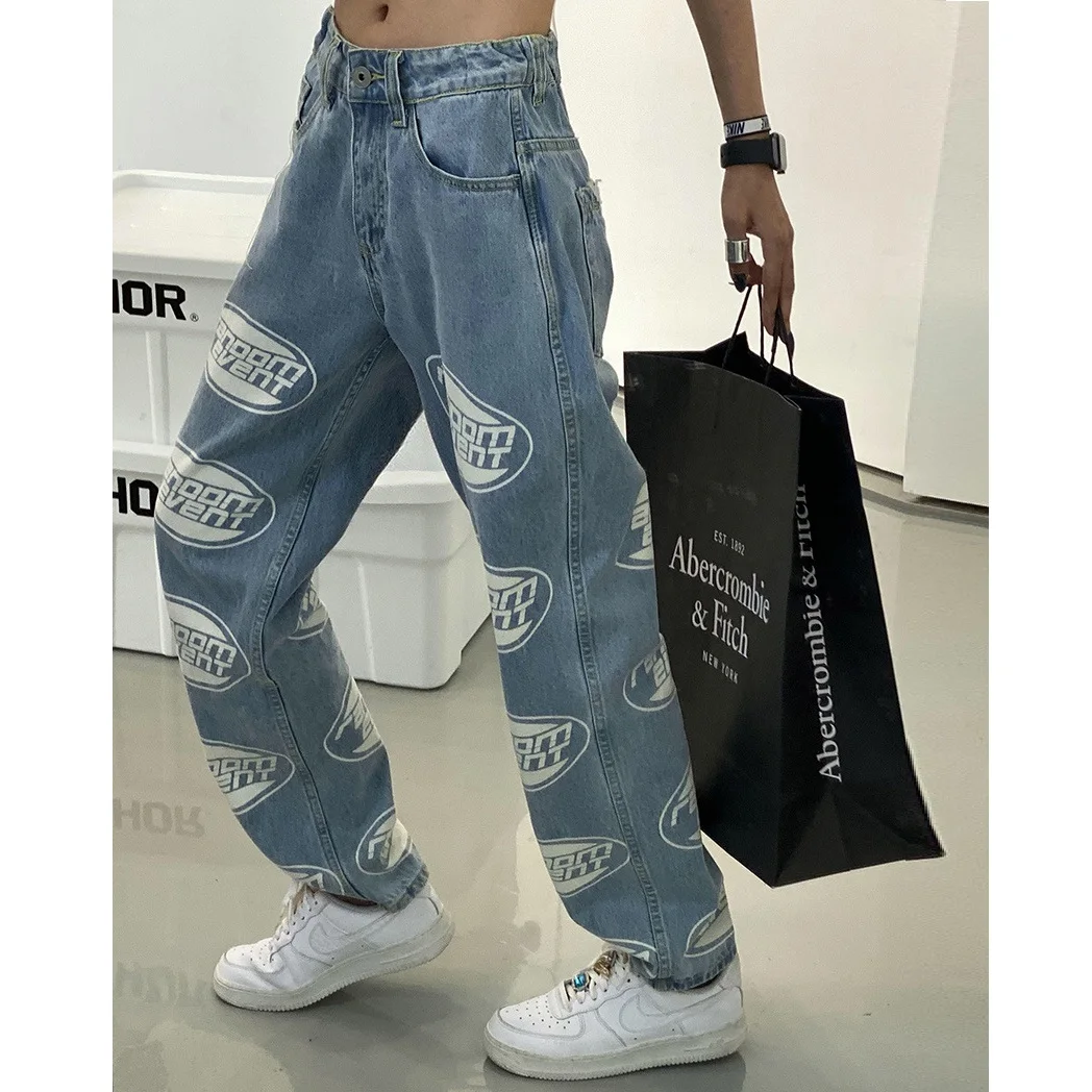 

Summer Thin Straight Wide-leg Jeans Womens Printing Light Blue 2021 Fashion Trend Loose Plus Size Pants Fall Trousers -40