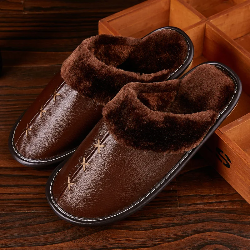 

New autumn and winter cotton slippers ladies soft and comfortable home genuine leather slippers