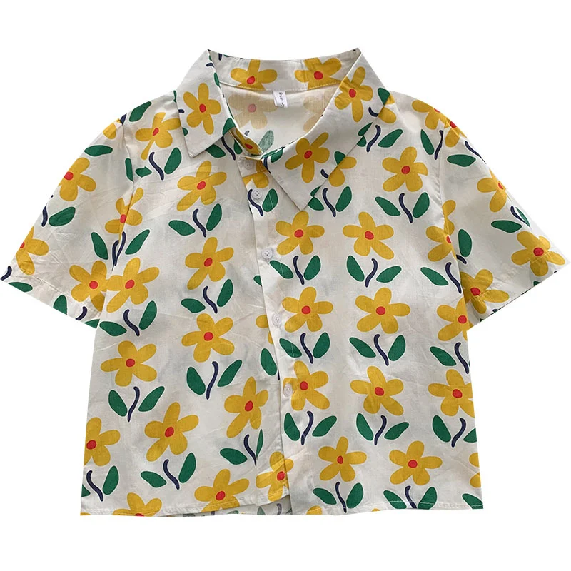 

Summer Floral Shirt Cartoon Little Flower 2021 Korean Style Short Sleeve Straight Top Women Beach Style Blouse