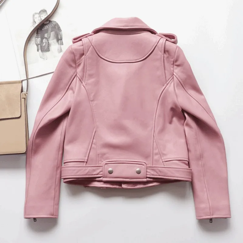 

Autumn Women Fashion Spring Pink Sheepskin Genuine Leather Jacket Streetwear Coat Casual Short Slim Fit Office Ladies Jackets