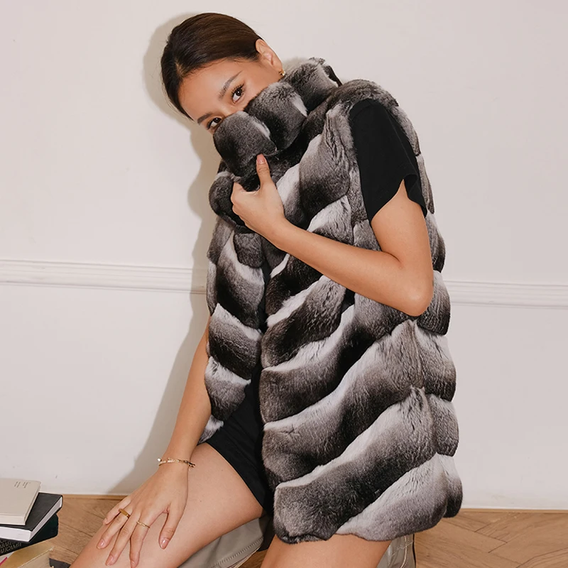 2022 New Real Rex Rabbit Fur Vest Women Winter Fashion High Quality Chinchilla Color Stand Collar Rex Rabbit Fur Vest Genuine