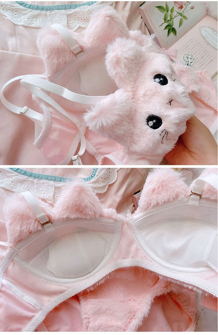 plus size underwear sets Japanese Kawaii Plush Women Bra Set Lovely Soft Student Lingerie Cute Cartoon Embroidery Cat Underwear Sexy No Steel Ring Set cute underwear sets
