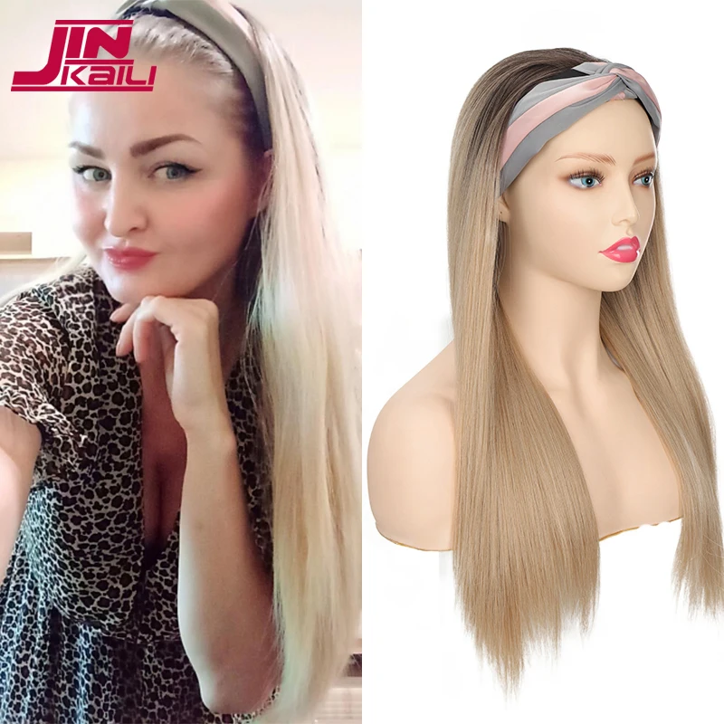 JINKAILI Long Straight Black Ombre Blonde Headband Wigs Heat Resistant Synthetic Lolita Wig New Fashion Hair Band Wig for Women