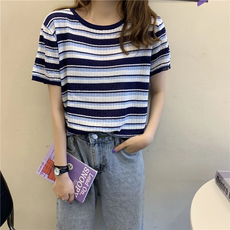 HziriP 2021 летние женские футболки полосатые вязаные повседневные хлопковые ажурные