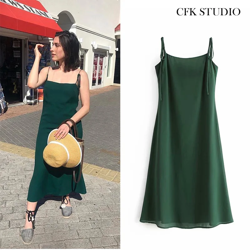 Женское свободное платье без рукавов Za зеленое однотонное Хлопковое комбинация