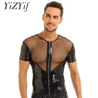 mens sexy tops wetlook punk clubwear patent leather fishnet splice short sleeve shirt tops clubwear stage night costumes t shirt