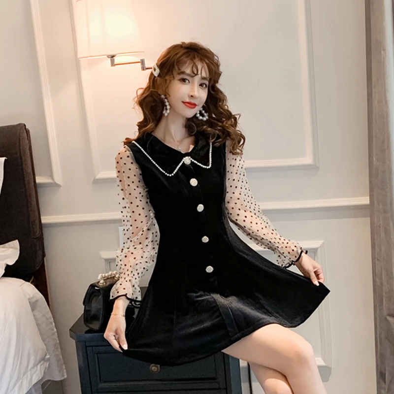 Черное платье в горошек стиле ретро сетчатые женские бусы-кукла облегающее