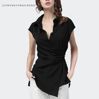 fashion women chiffon shirt black short sleeve stand collar tops elegant slim new 2020 summer office ladies work wear shirts