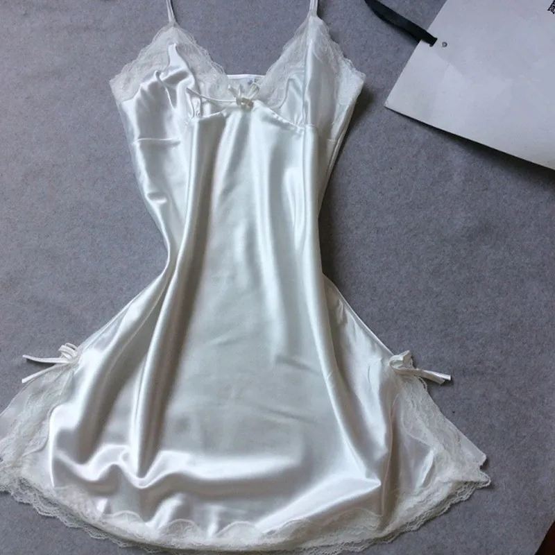 

Ladies Solid Color Lace Soft And Comfortable Sleepwear Sexy V Neck Sleeveless Sling Mini Nightdress Double Slits Women Clothing