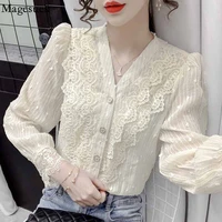 french gentle v neck lace blouse women autumn hollow out flowers womens long sleeve top ruffle stitching apricot shirt 16652