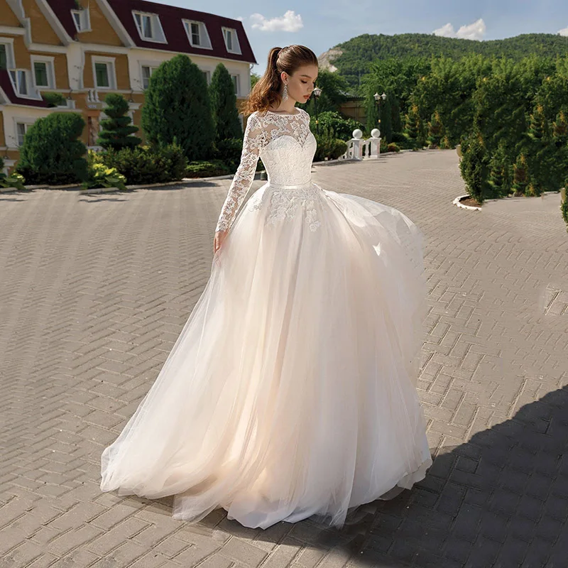 MoonlightShadow Luxury Wedding Dresses A-Line O-neck Full Sleeves Tulle Lace Up Appliques Bridal Gown Vestido De Casamento