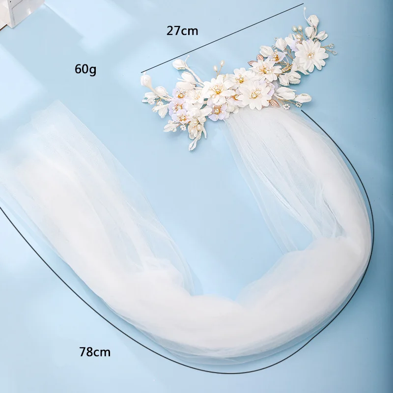 

Women Bridal Headdress Exquisite Wedding Hair Jewelry Super Fairy Elegant White Flower Faux Pearl Hair Combs with Veil VL