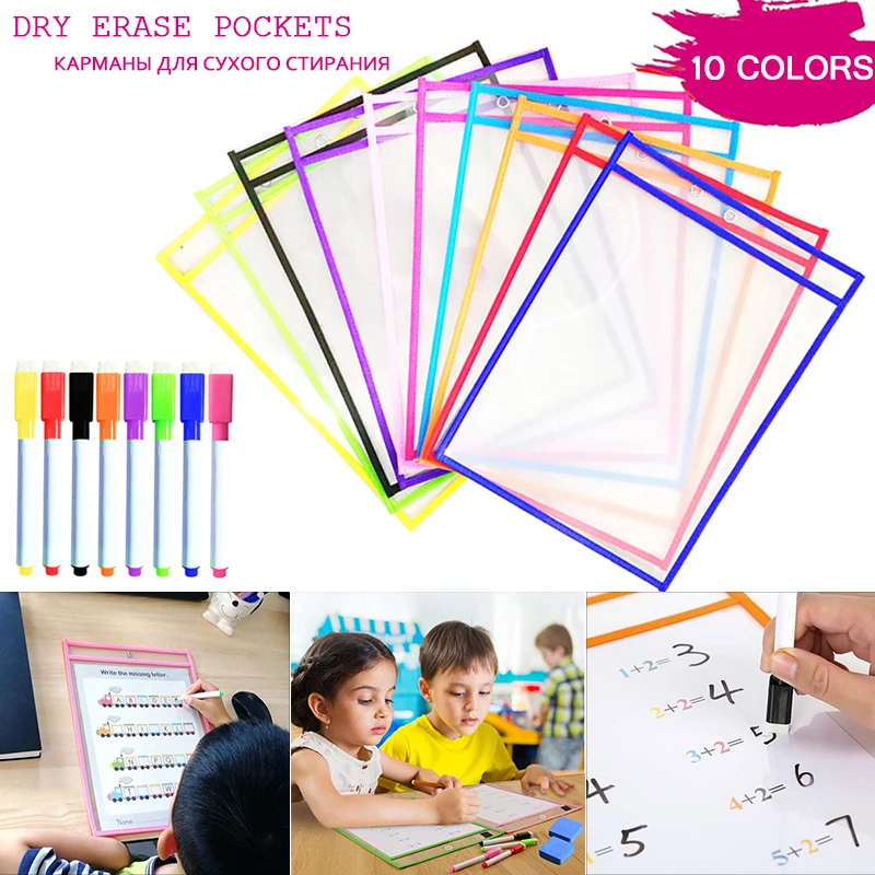 10 Oversized Reusable Dry Erase Pockets Write Wipe Drawing writing white board classroom Teaching Supplies write delete file