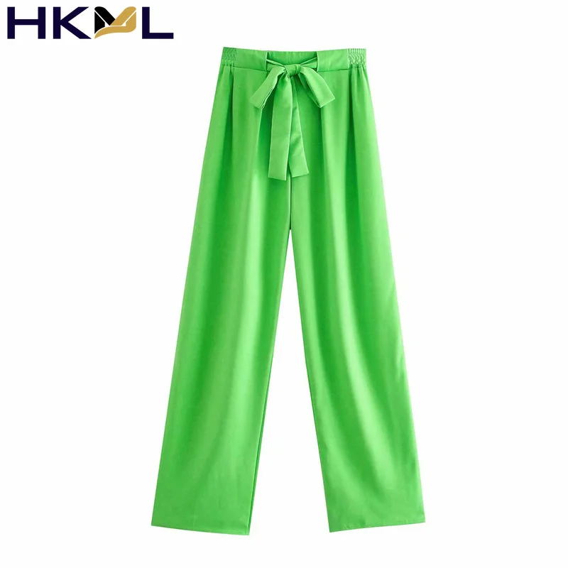 

Leisure Women Loose Green Sashes Trousers 2021 Spring Elegant Female Elastic Waist Pants Ladies Solid Lacing Trousers