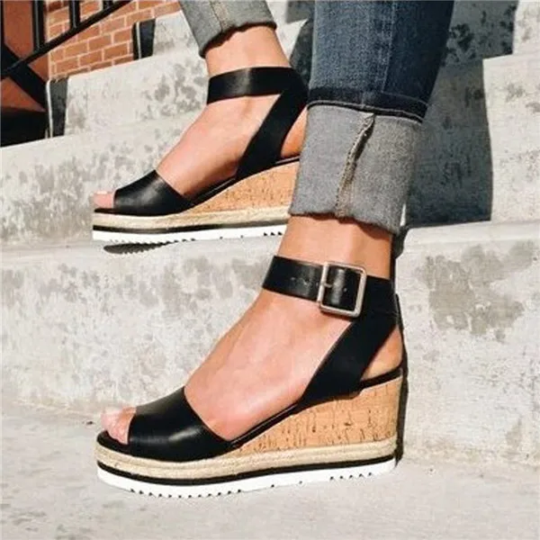 

LLOGAI 2021 New Retro Womens Fashion Open Toe Ankle Platform Wedges Shoes Ladies Roman Sandals Buty Damskie Wedges Shoes Mujer