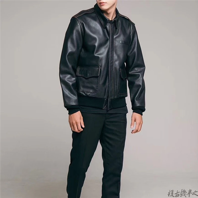 

Vintage Brown American Casual Genuine Leather Jacket Cow Skin A2 Flight Mens Genuine Leather Coat