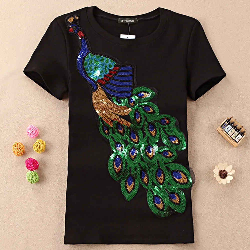 O Neck Black Новая модная женская элегантная футболка с круглым вырезом и вышивкой в виде павлина женская футболка с пайетками Повседневный Топ тройник размера плюс S-4XL - Цвет: O Neck Black