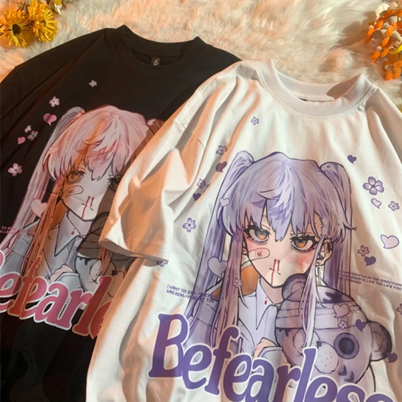

Gothic Cartoon Anime Print Women Harajuku T-shirt Summer Cotton Tshirt Grunge Tee Top Punk Pastel Goth Clothing Clothes 2021 New