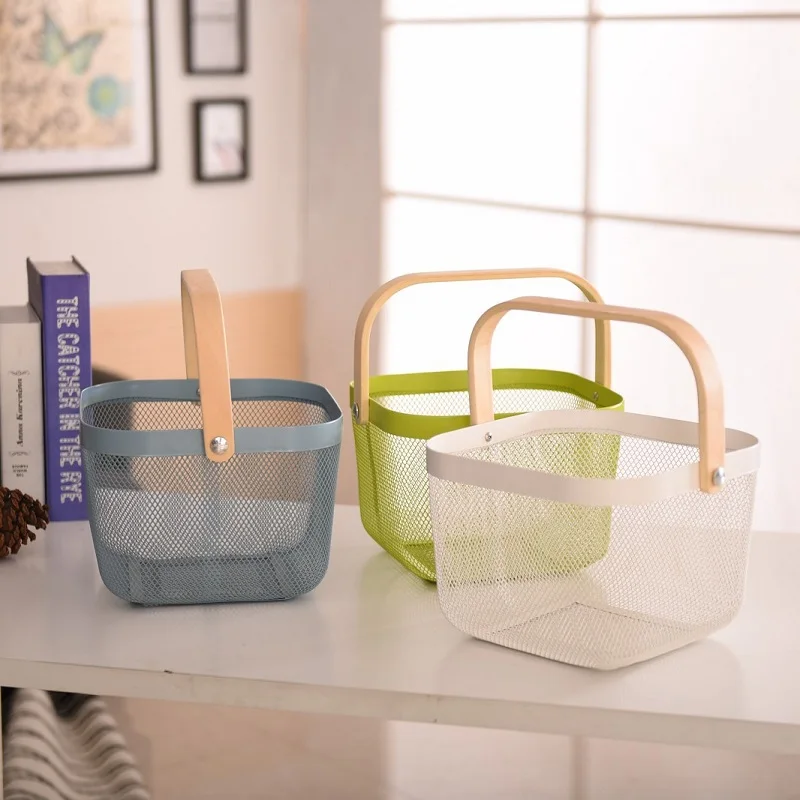

Vegetable Fruit Basket Wooden Handle Metal Basket Portable Large Capacity Multi-function Vegetable Groceries Storage Baskets