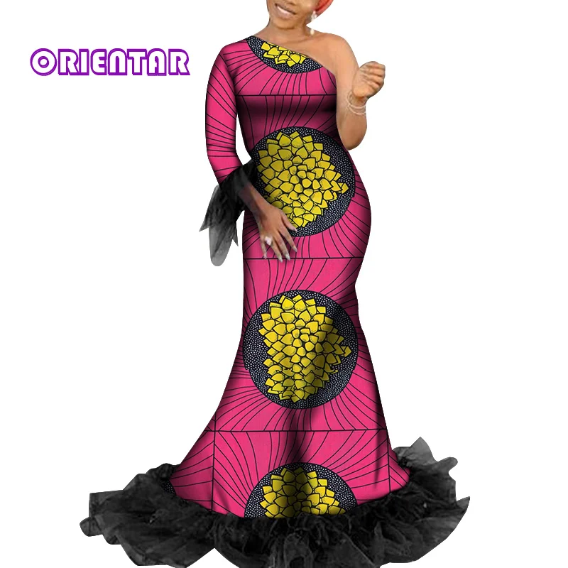 2020 African Dresses for Women Plus Size Long Ankara Dress Party Gowns with Black Yarn One Shoulder African Dress WY6685