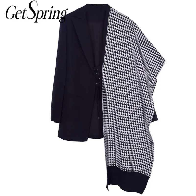 GetSpring Женский блейзер асимметричный женский черный пальто Клетчатая Шерстяная