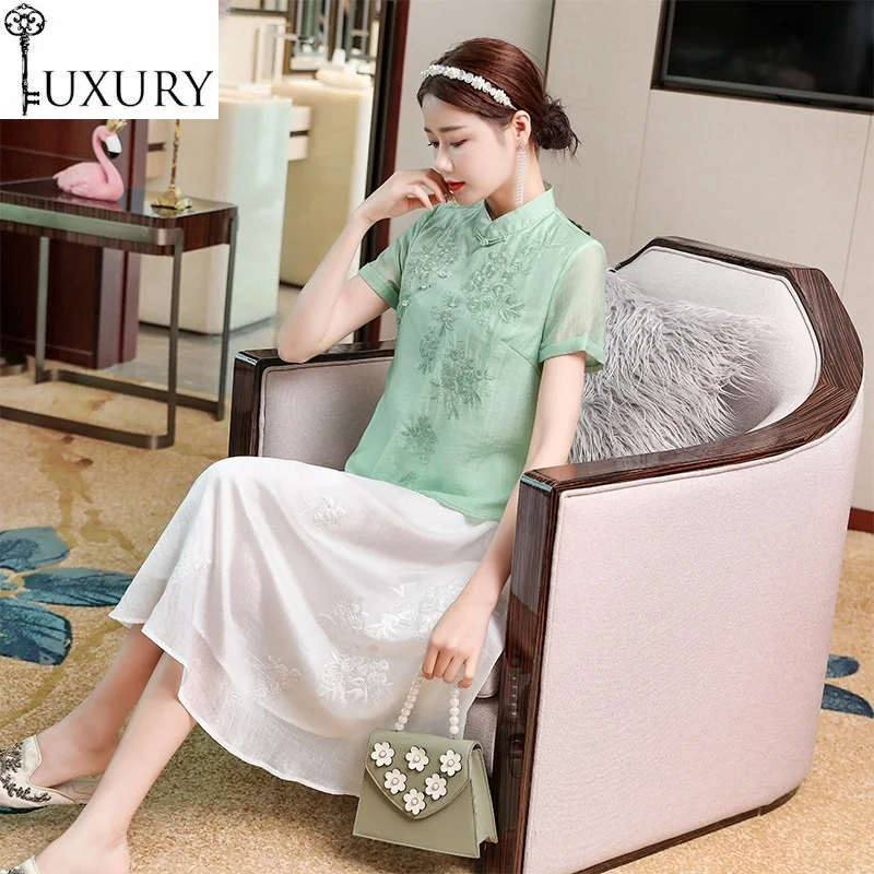 Clothing Top Grade Designer 2020 Summer Vintage Women Tunic Embroidery Short Sleeve Tops Coat+Mid-Calf A-Line Skirt Sets |