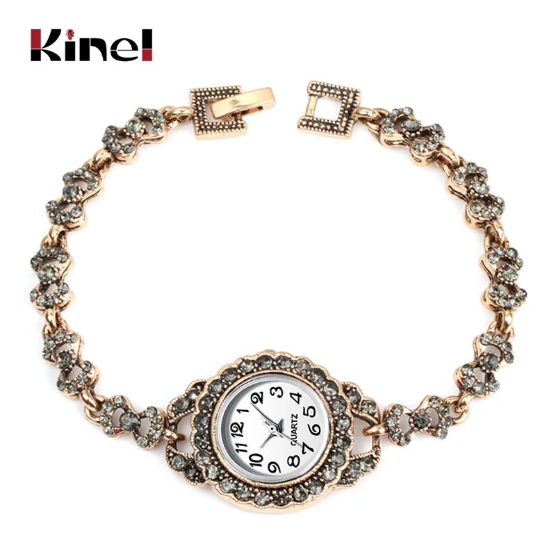 Antique Gold Kinel роскошные женские наручные часы Античное золото турецкий серый горный хрусталь браслет с бантом винтажные Свадебные украшения Новинка - Цвет: Antique Gold