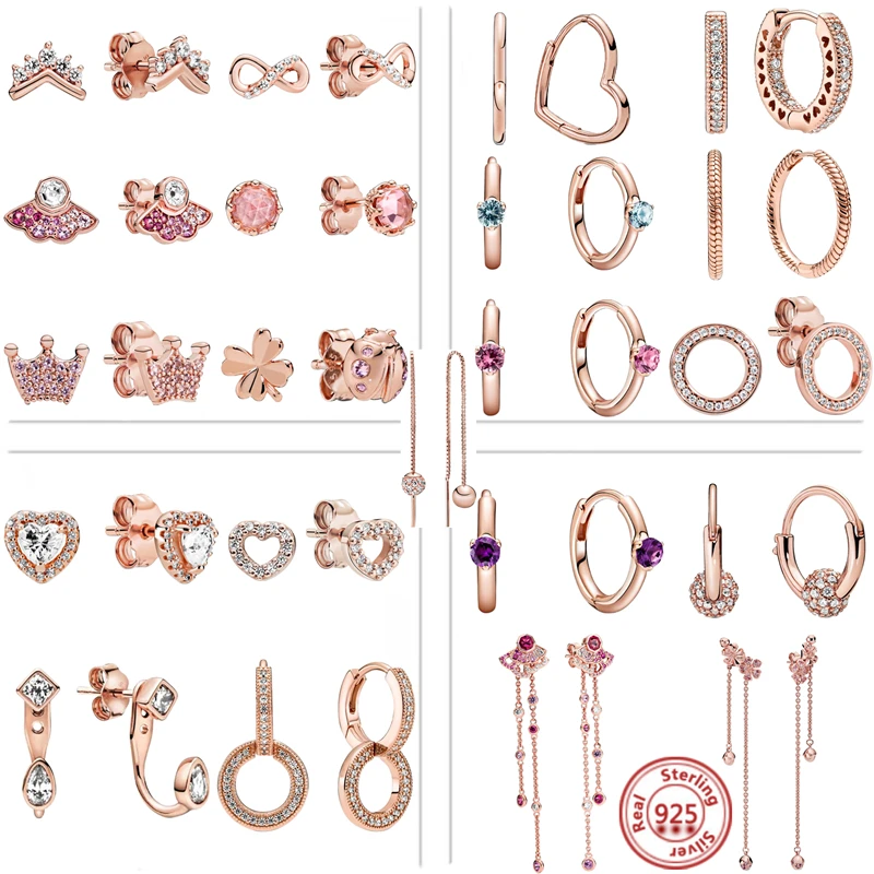 

Rose Gold Series Pink Peach Blossom Crown Hollow Heart Circle Shiny Earrings Fit Original Brand Charms Fine 925 Silver Jewelry