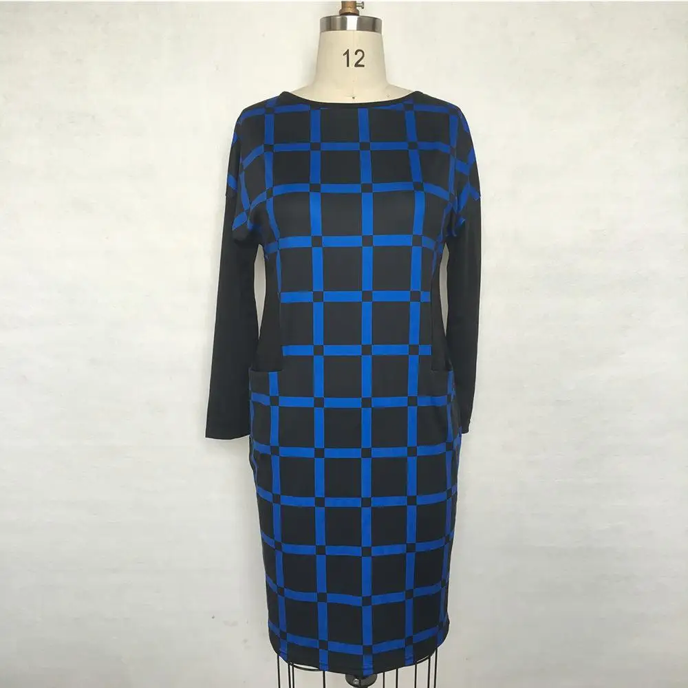 

Blue plaid dress Big Size vintage Women Casual Bodycon Office Vestidos Color Stitching Dress Long Sleeve Autumn ladies dres