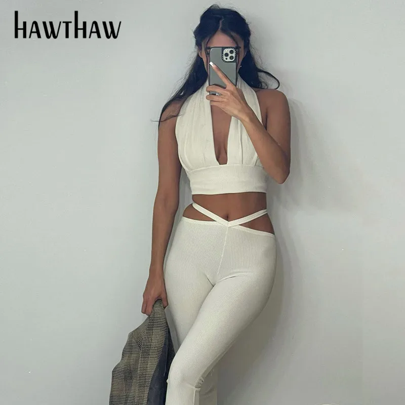 

Hawthaw Women Summer Halter V Neck Tank Tops Slim Pencil Long Pants Soild Color Two Pieces Set 2021 Female Clothing Streetwear