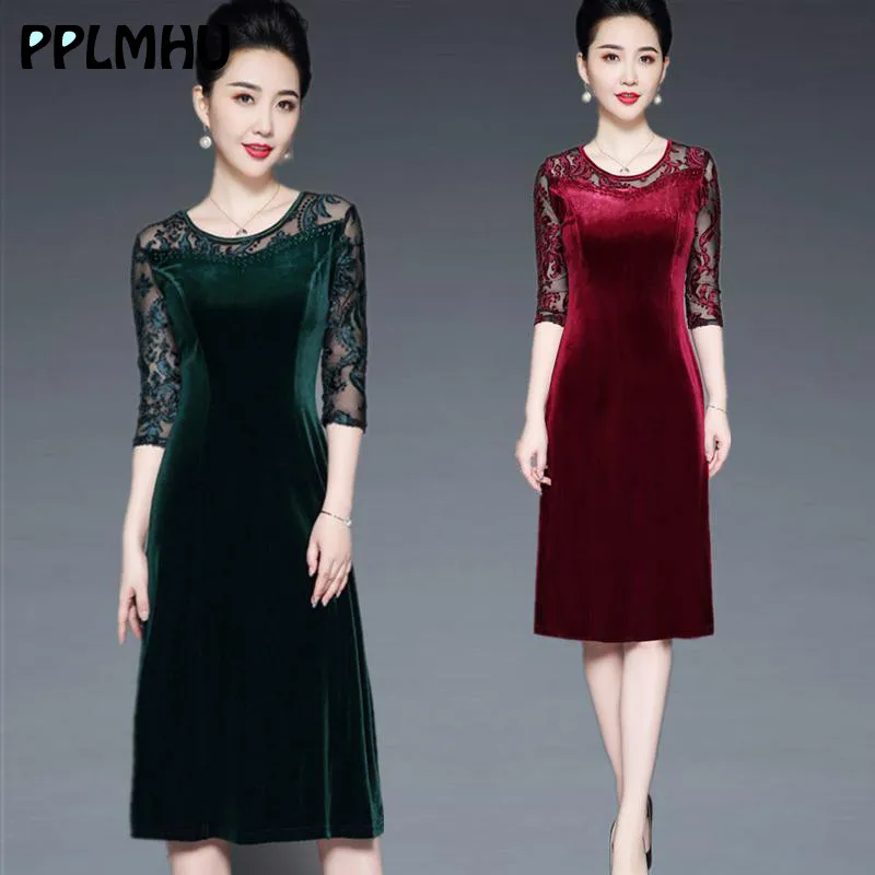 Кружевное бархатное платье размера плюс 4XL для женщин среднего возраста осенне