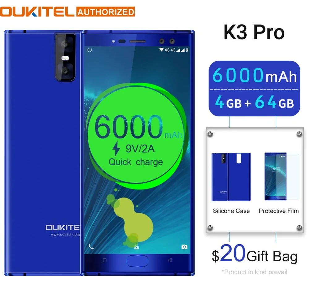 Смартфон OUKITEL K3 Pro 4 + 64 ГБ Android 9 0 Pie MT6763 восемь ядер 5 дюйма FHD 6000 мАч Face ID В/2 А быстрая