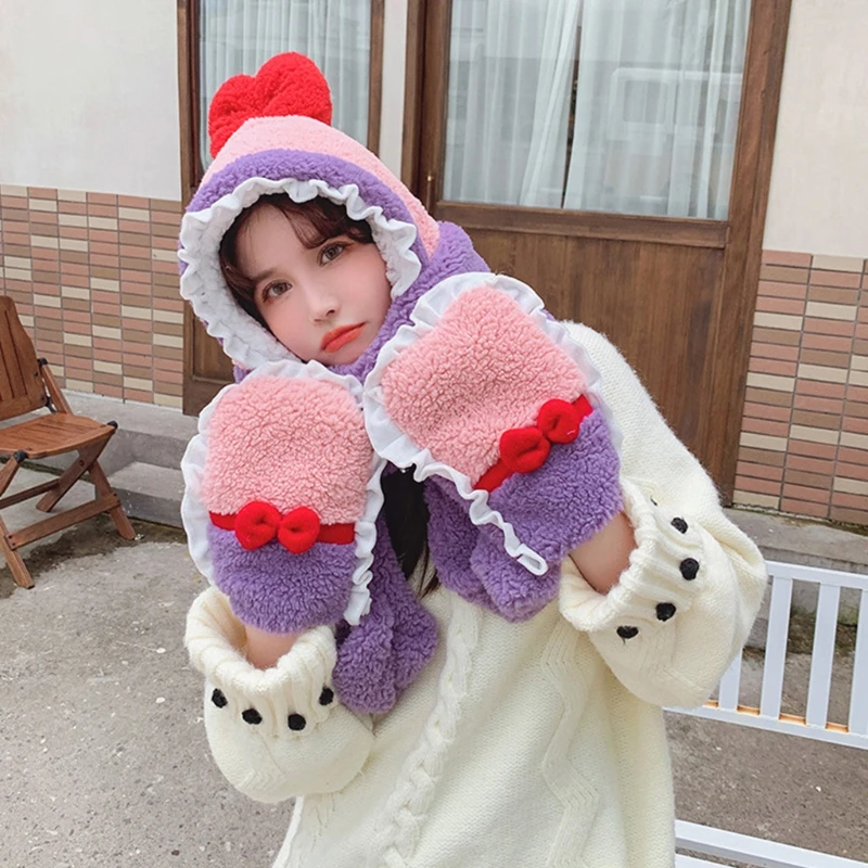 

Christmas Hat Scarf Glove Set Fleece Warm Bows One Piece Cap Windproof Cap Head Warmer Fleece Neck Protection Hat