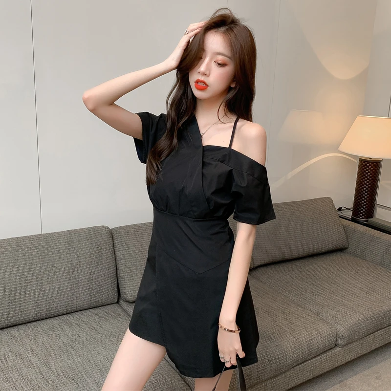 

Summer Korean Vintage Hepburn Dress 2023 Bodycon Slim Black V-Neck Sexy Club Mini Dress Women Elegant Party Slit Evening Vestido
