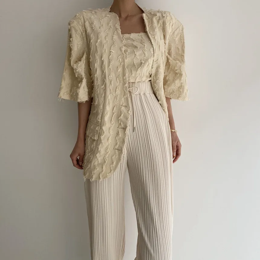 

Korejpaa Women Jacket 2021 Summer Ladies Temperament Round Neck Fringed Fringe Design Loose Single-Breasted Short-Sleeved Blazer