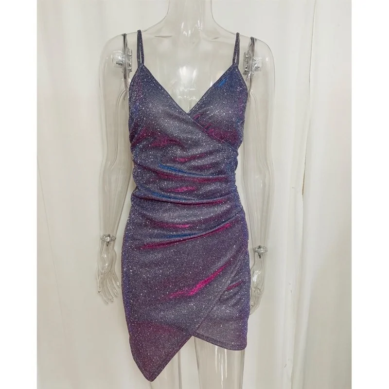 

Summer Dresses 2021 Bright Fashion High Quality Party Irregular Gold Dresses for Women Silk Sexy Backless Women Glittery Dresses