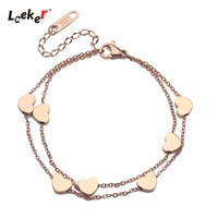 leeker heart anklet stainless steel 2 layers chain rose gold color beach jewelry women summer jewelry 2021 012 lk2