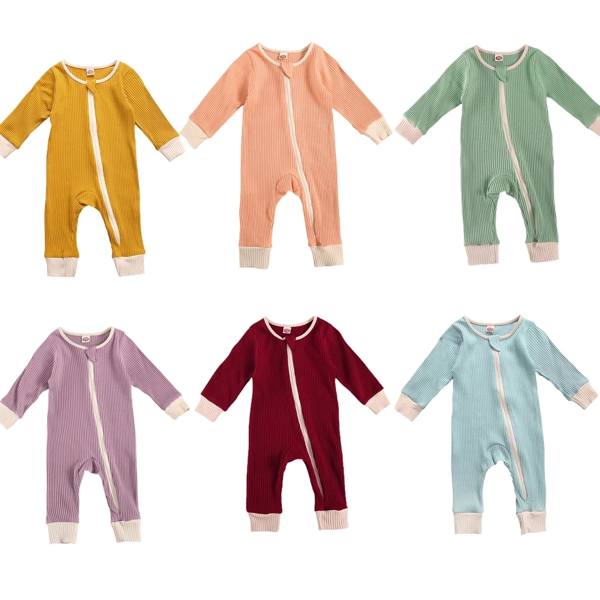 

Infant Baby Boys Girls Ribbed Romper Long Sleeve Round Collar Open Front Zipper One-piece Red/ Pink/ Yellow/ Purple/ Green/ Blue
