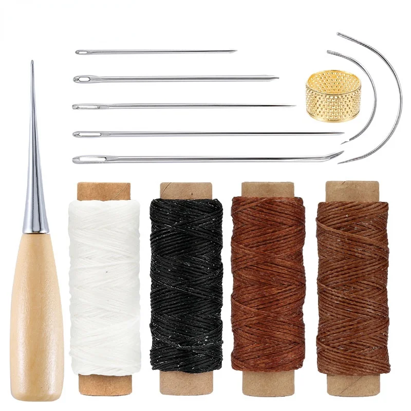 

Leather Sewing Kit with Waxed Thread Leather Needle Sewing Awl Thimble Leather Working Tools for Shoemaker Canvas Repair