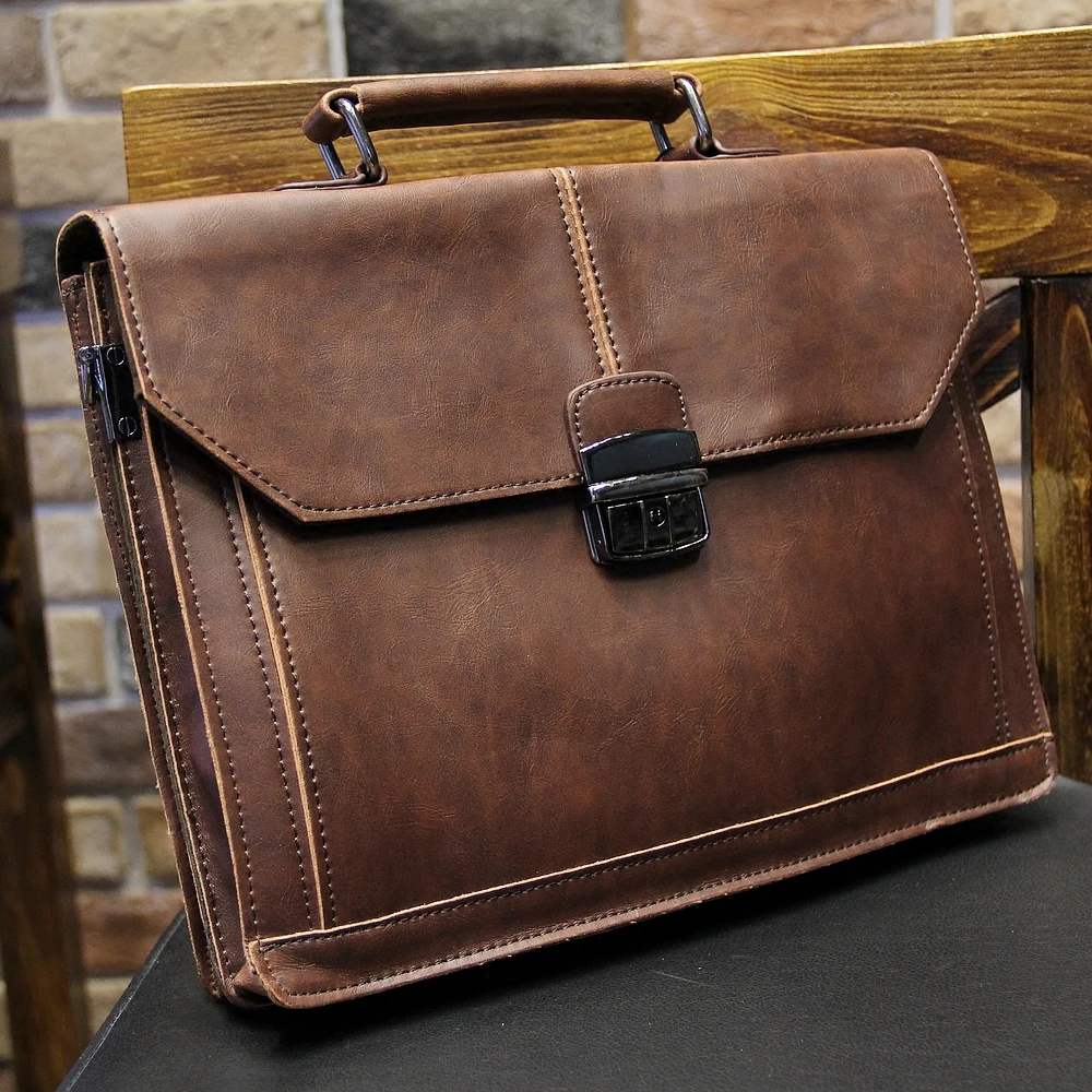 

Vintage Men's Bag Crazy Horse PU Leather File Briefcase Men Messenger Bags Coffee Color Fashion Portfolio 12" Laptop Handbag