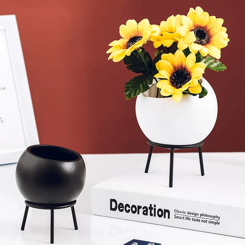 

Home Decoration Flower Pot Round Ceramic Flowerpots With Metal Stand Dry Flower Arrangement Living Room Office Decoration Crafts