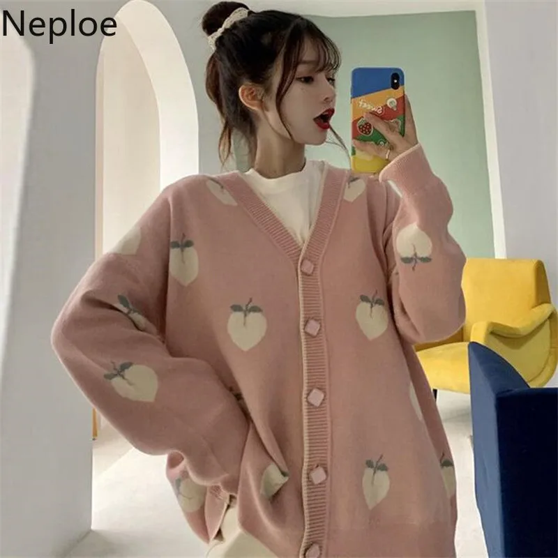 

Neploe Sweater Cardigan Cute Pink Sweaters Women Peach Cardigans Knit Oversized Tops 2021 Korean Autumn Long Sleeve Pull Femme